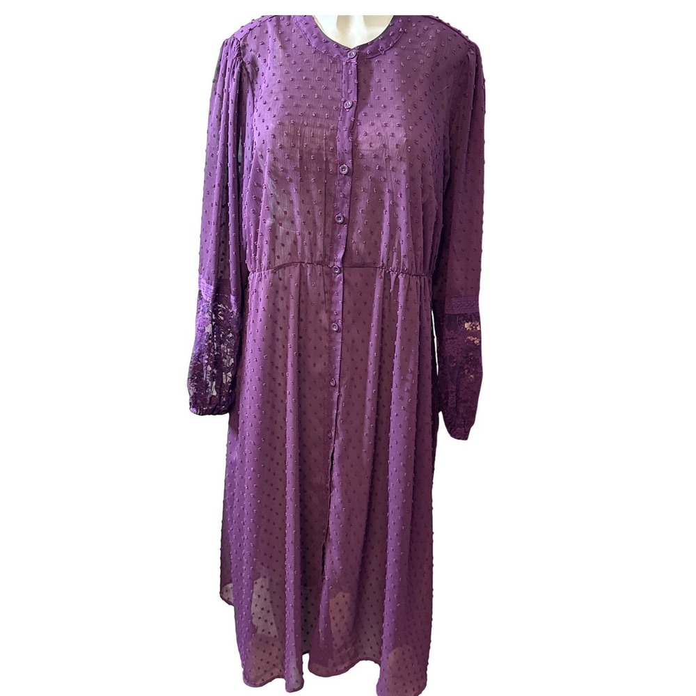 Purple Swiss Dot, Lace Sleeve, Button Front Midi Dress, Whimsy, Cottage Core, XL - Picture 2 of 8